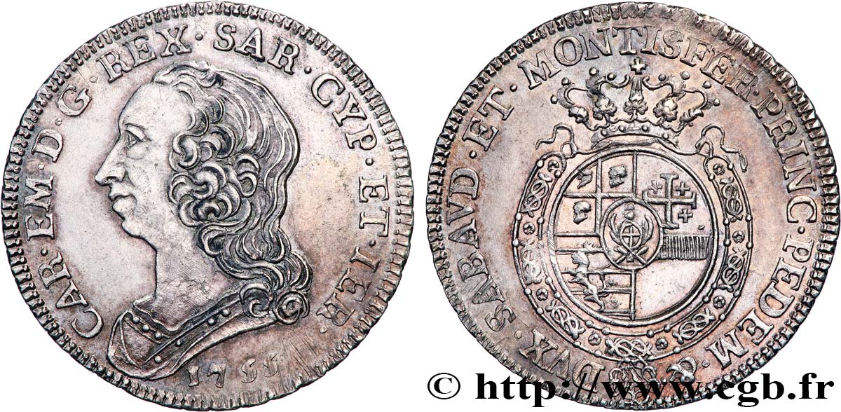 DUCHY OF SAVOY - CHARLES-EMMANUEL III Quart d’écu nouveau, 2e type (quarto di scudo nuovo) 1755 Turin AU 