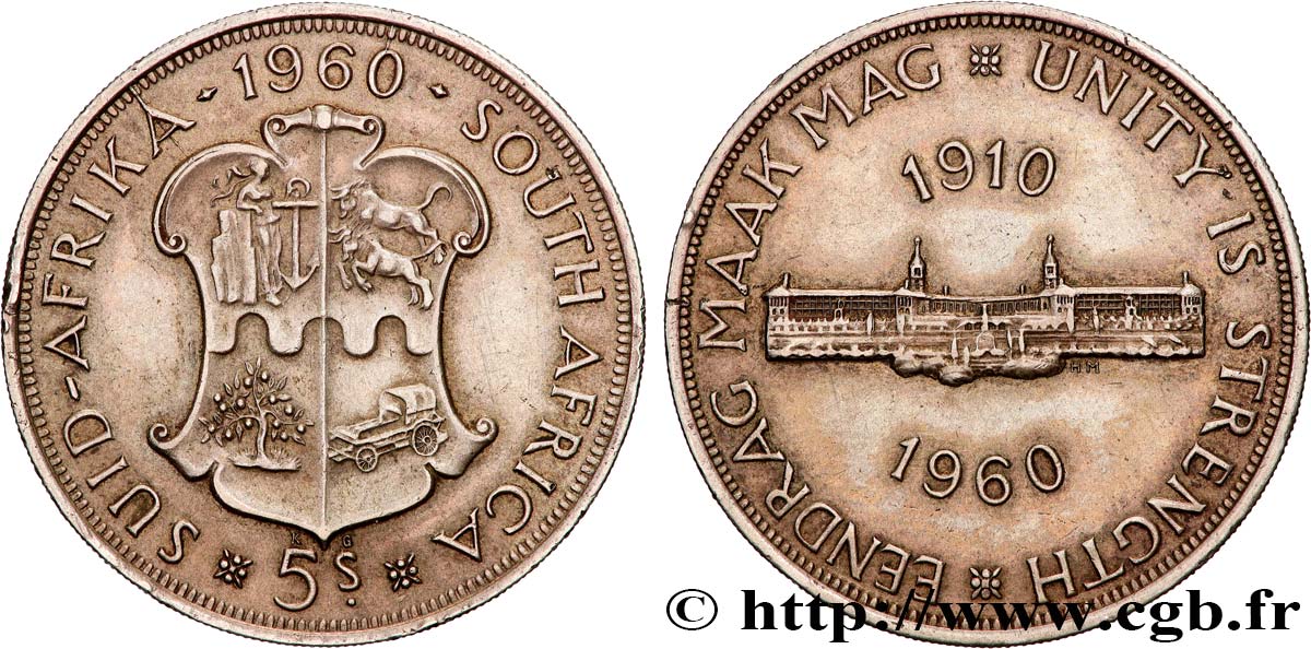 SUDAFRICA 5 Shillings 50e anniversaire de l’Union Sud-Africaine : emblème / Union Buidings 1960 Pretoria SPL 