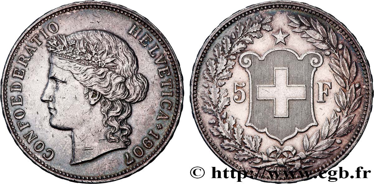 SWITZERLAND 5 Francs Helvetia 1907 Berne XF 