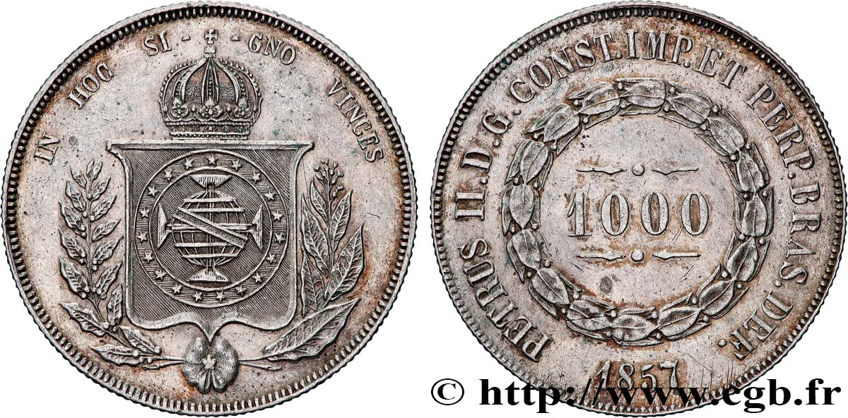 BRASIL 1000 Reis Empereur Pierre II 1857  MBC+ 