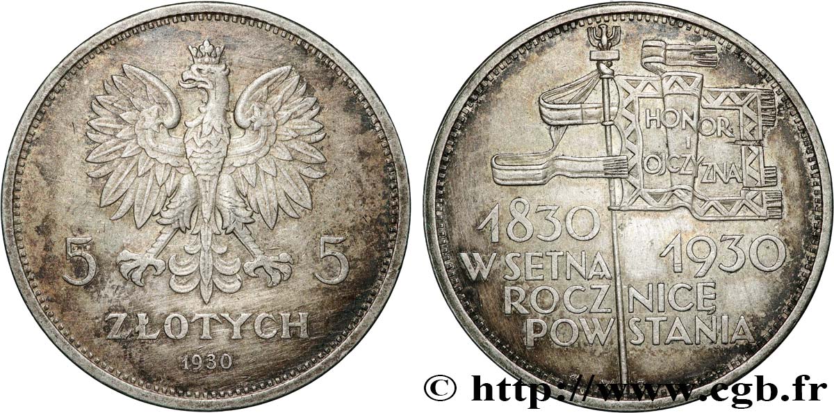 POLAND 5 Zloty, centenaire de la révolte de 1830-1831 1930 Varsovie XF 