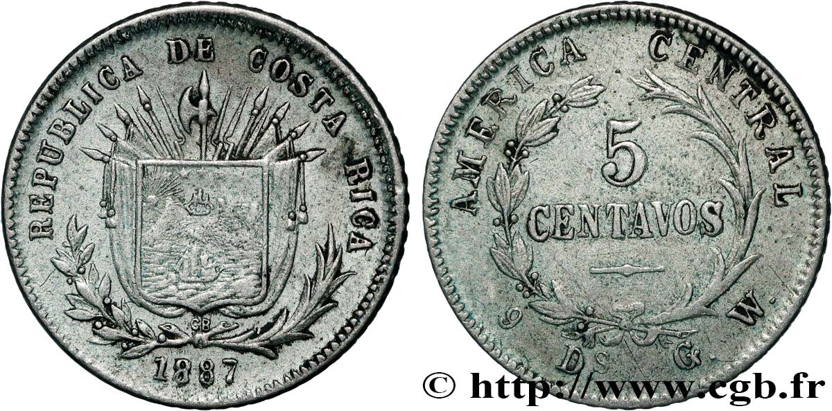 COSTA RICA 5 Centavos 1887 San José XF 