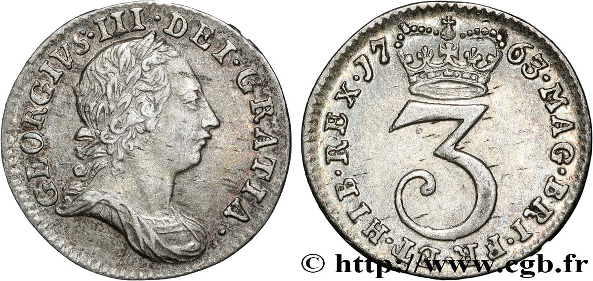 GRANDE-BRETAGNE - GEORGES III 3 Pence tête laurée 1763  TTB+ 