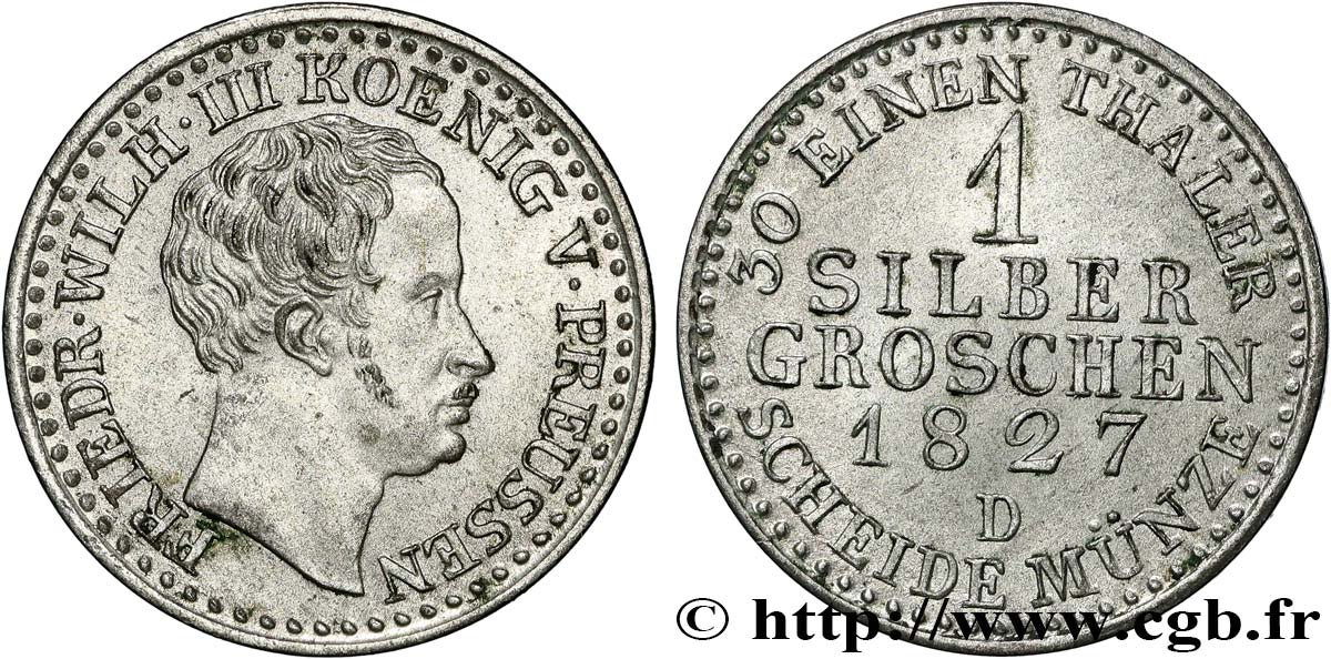 GERMANIA - PRUSSIA 1 Silber Groschen Frédéric Guillaume III 1827 Düsseldorf BB 