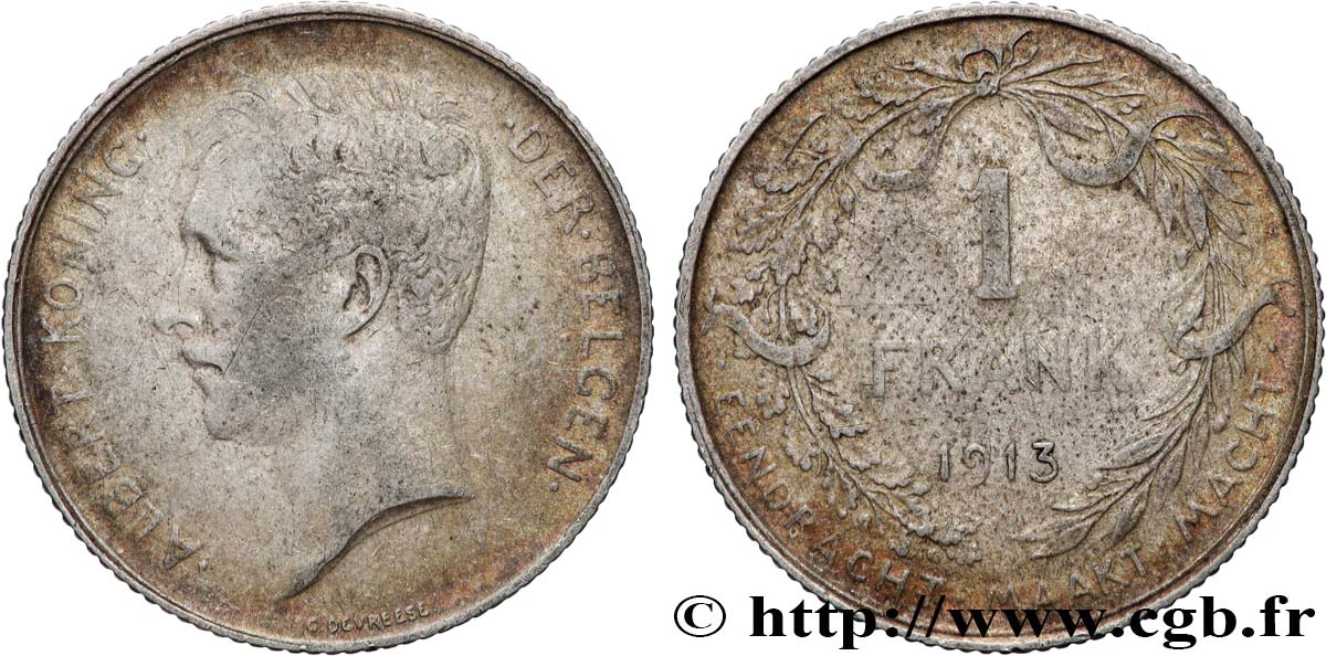 BELGIQUE 1 Frank (Franc) Albert Ier légende flamande 1913 TB