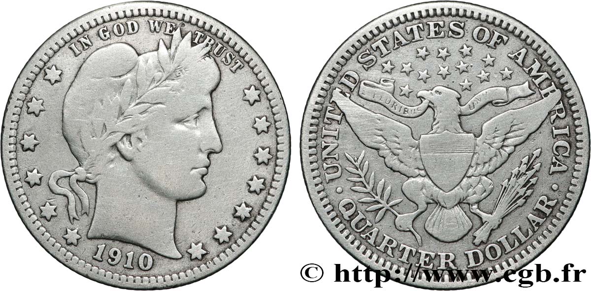 ÉTATS-UNIS D AMÉRIQUE 1/4 Dollar Barber 1910 Philadelphie TB