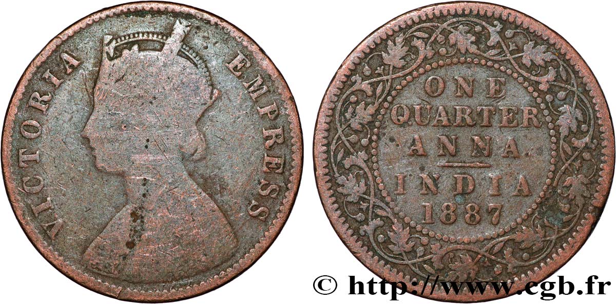 INDES BRITANNIQUES 1/4 Anna Victoria 1887 Bombay B