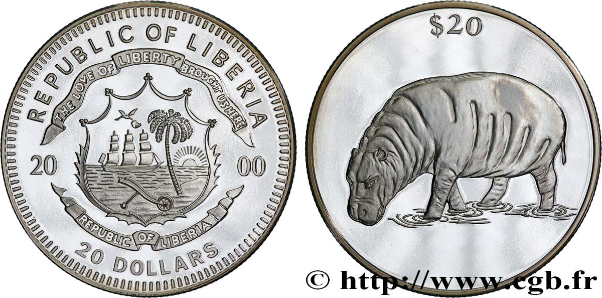LIBERIA 20 Dollars Proof Hippopotame 2000  FDC 