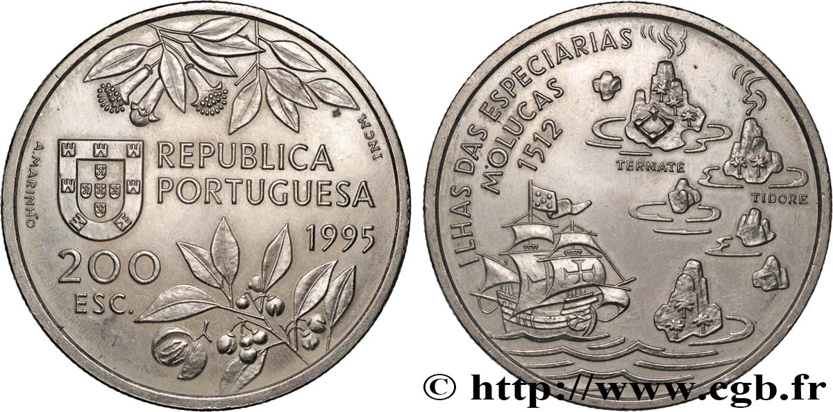 PORTUGAL 200 Escudos découverte des îles Moluques 1995 SUP