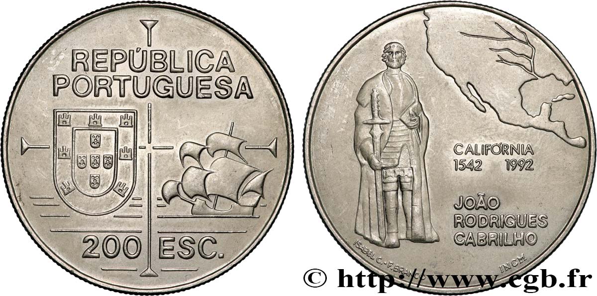 PORTOGALLO 200 Escudos João Rodrigues Cabrilho, carte de l’Amérique du Nord 1992 Lisbonne SPL