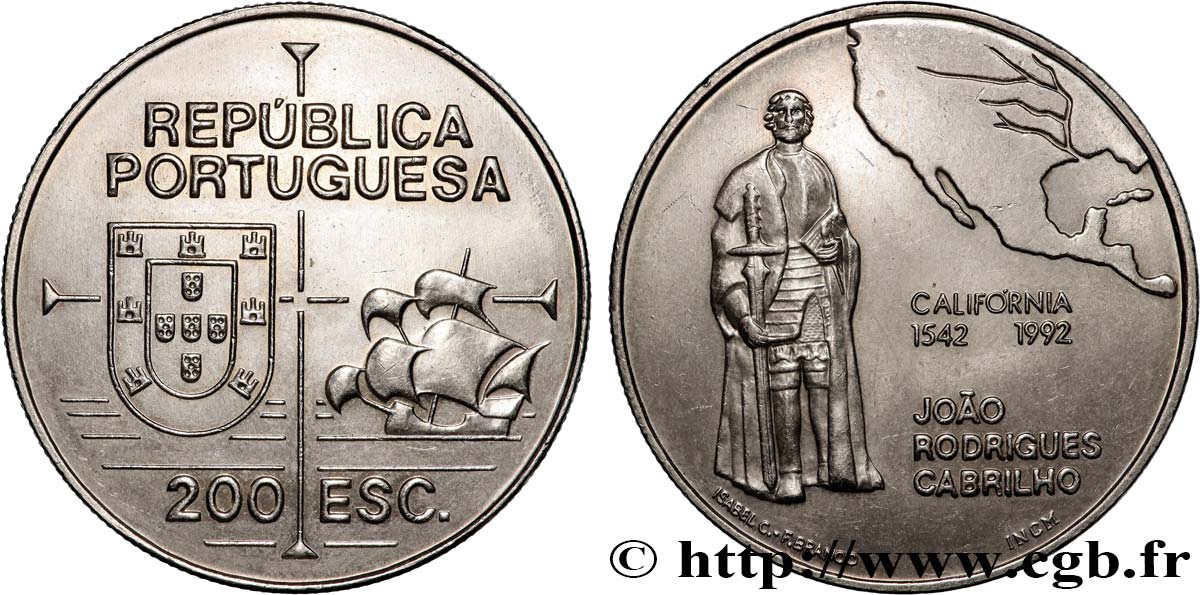 PORTUGAL 200 Escudos João Rodrigues Cabrilho, carte de l’Amérique du Nord 1992 Lisbonne AU