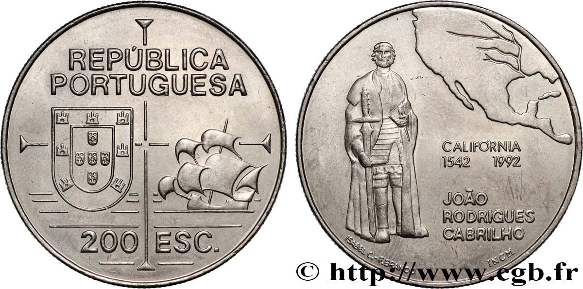 PORTUGAL 200 Escudos João Rodrigues Cabrilho, carte de l’Amérique du Nord 1992 Lisbonne AU