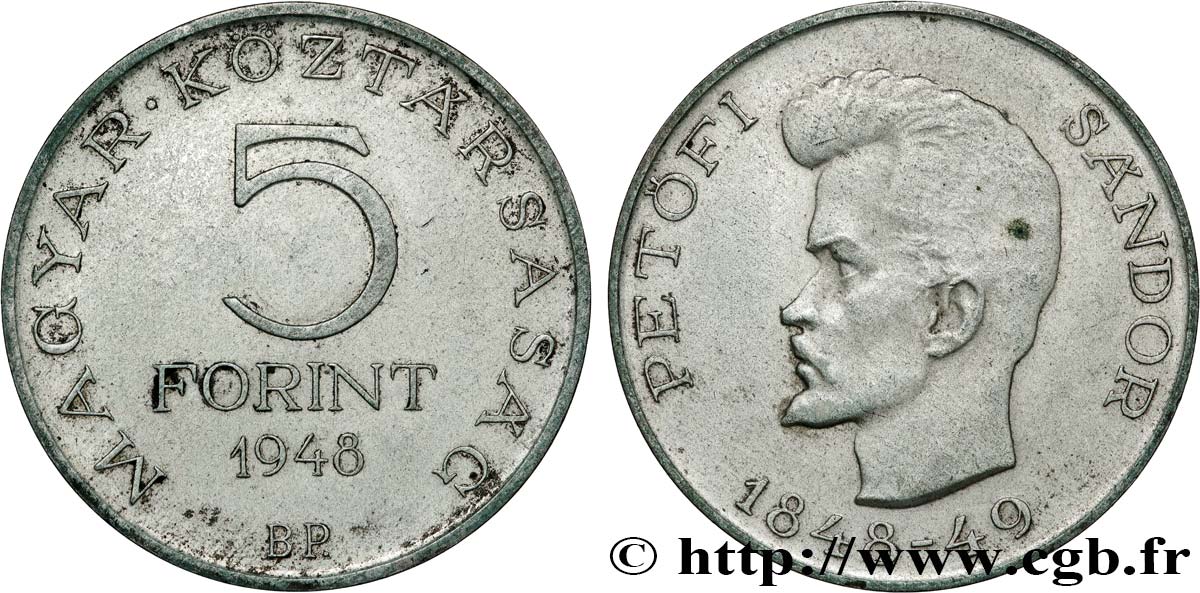 HUNGARY 5 Forint 100e anniversaire de la révolution de 1848, Sándor Petőfi 1948 Budapest AU