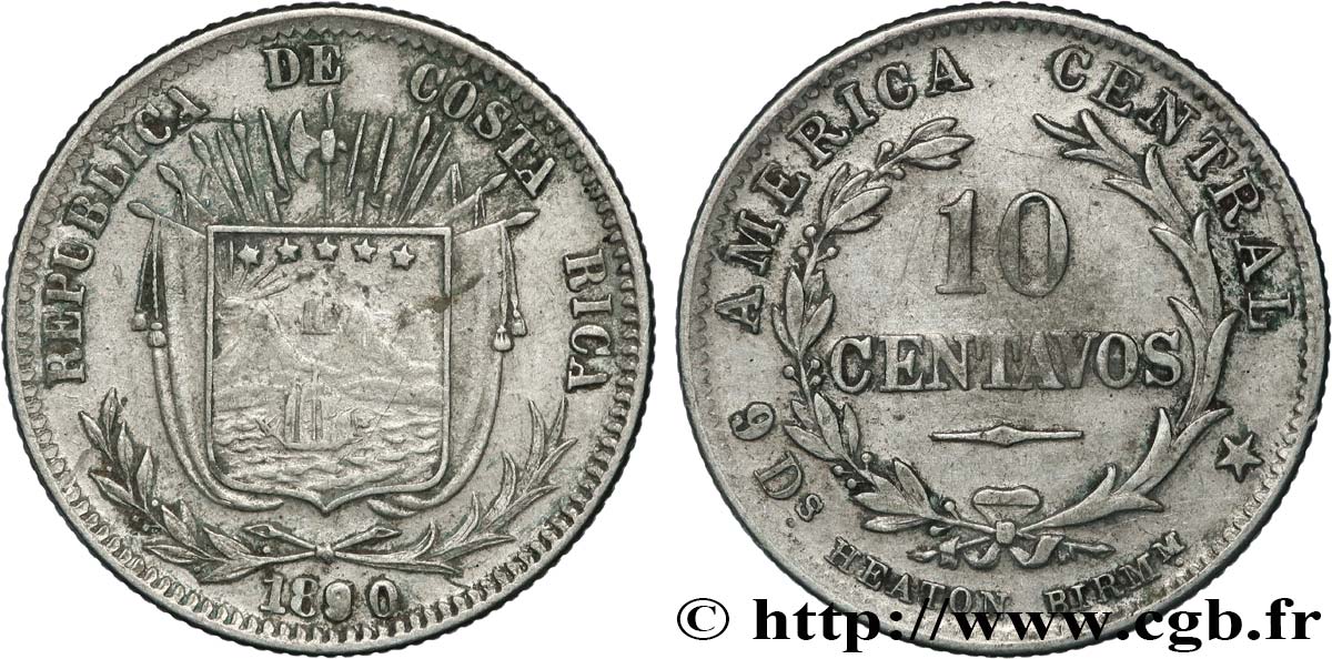 COSTA RICA 10 Centavos 1890 Heaton TTB 