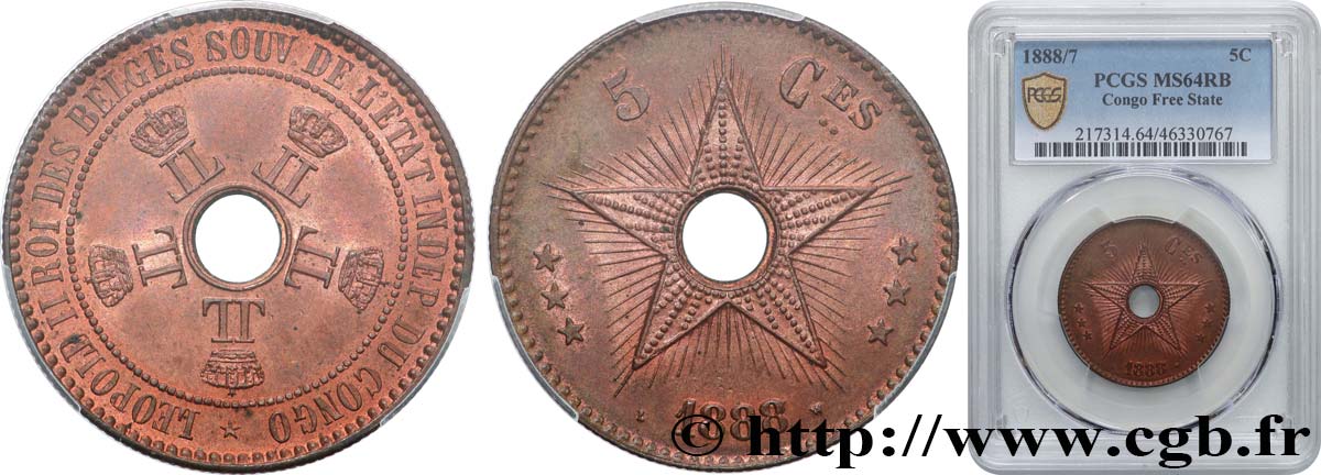 KONGO-FREISTAAT 5 Centimes variété 1888/7 1888  fST64 PCGS