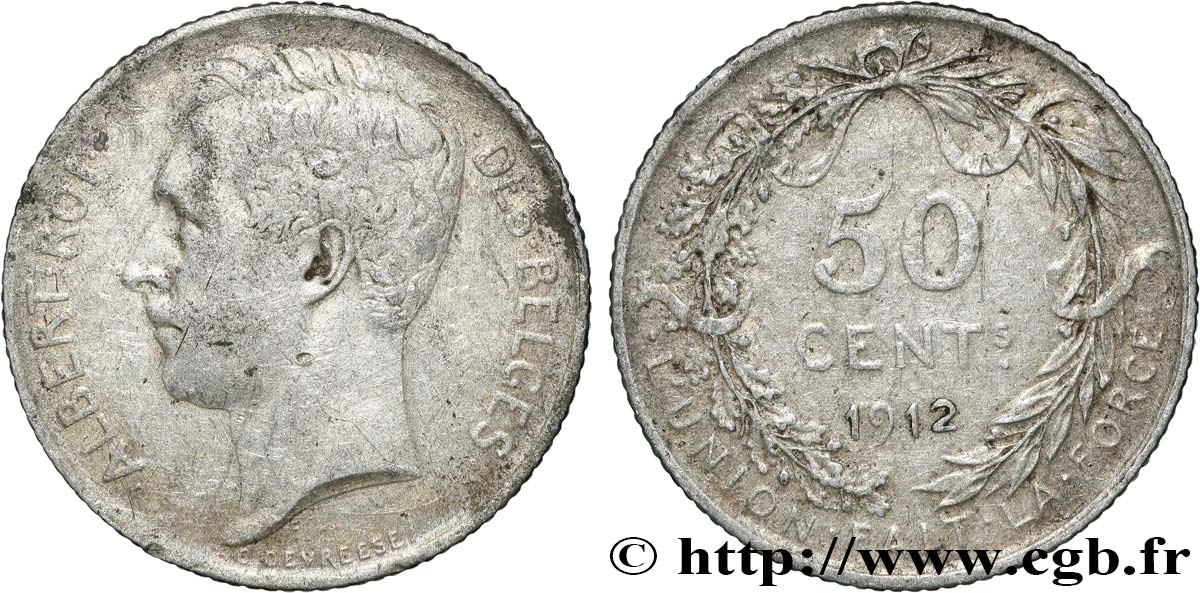 BELGIQUE 50 Centimes Albert Ier légende en Français 1912 TB+