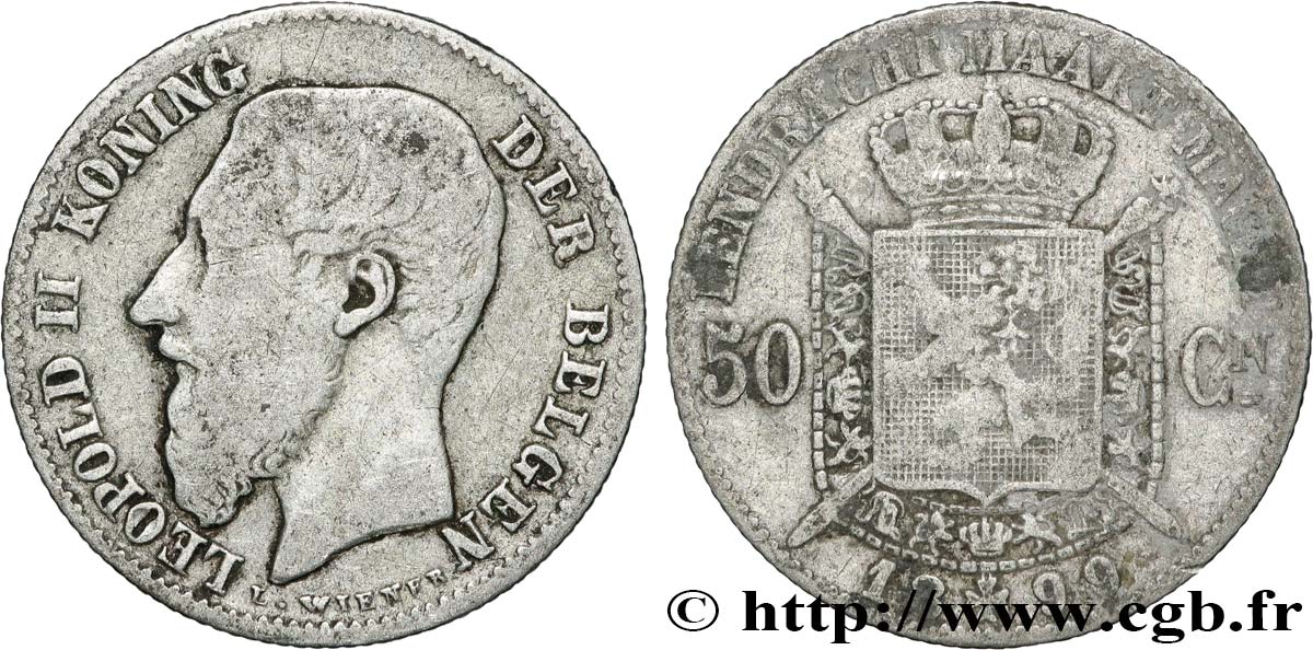 BELGIQUE 50 Centiemen (Centimes) Léopold II légende flamande 1899 TB