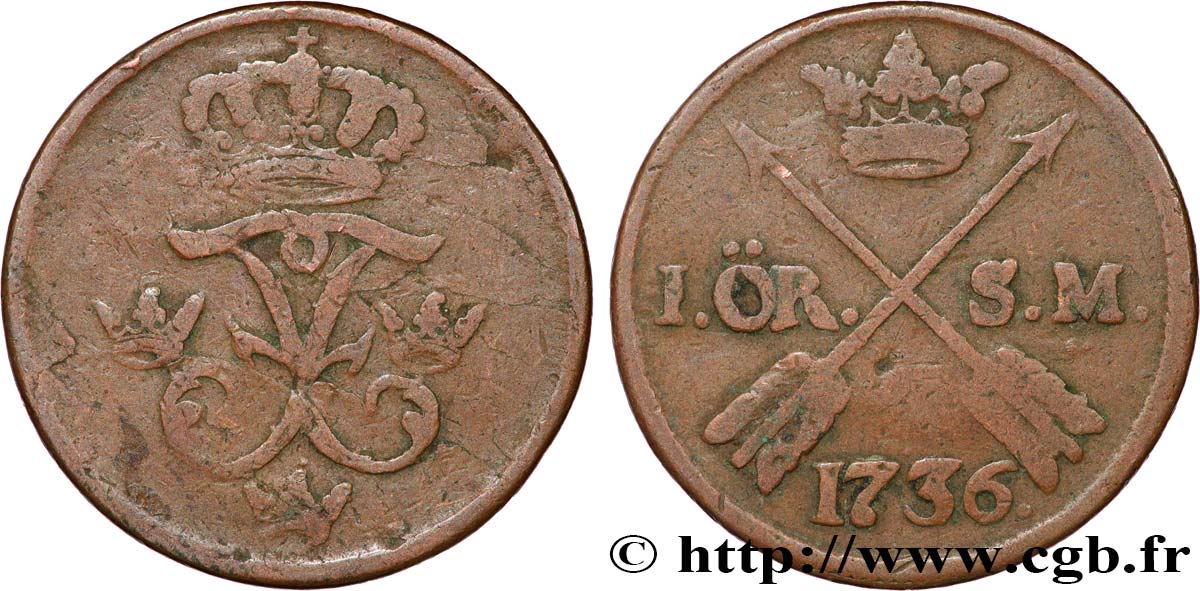 SUÈDE 1 Ore monogramme couronné du roi Frédéric Ier de Suède 1736 TB