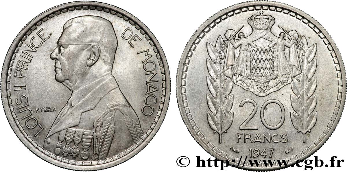 MONACO 20 Francs prince Louis II 1947 Paris VZ