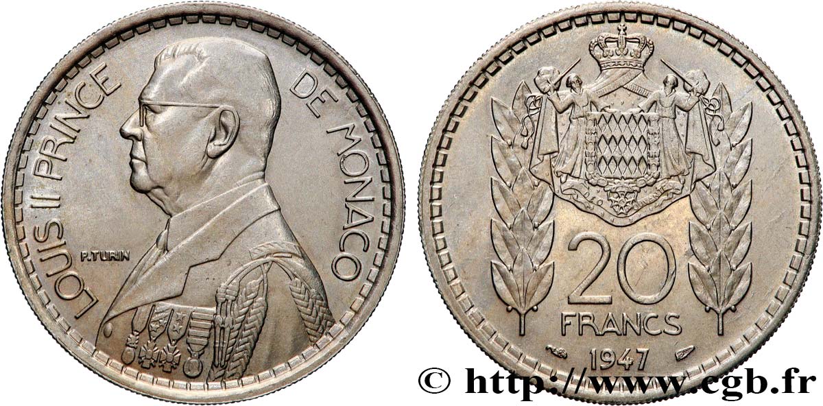 MONACO 20 Francs prince Louis II 1947 Paris AU