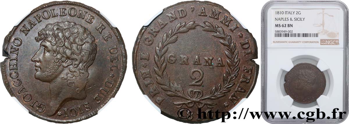 ITALY - KINGDOM OF THE TWO SICILIES 2 Grana Joachim Murat 1810  MS62 NGC