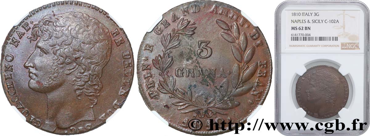 ITALY - KINGDOM OF THE TWO SICILIES 3 Grana Joachim Murat 1810  MS62 NGC