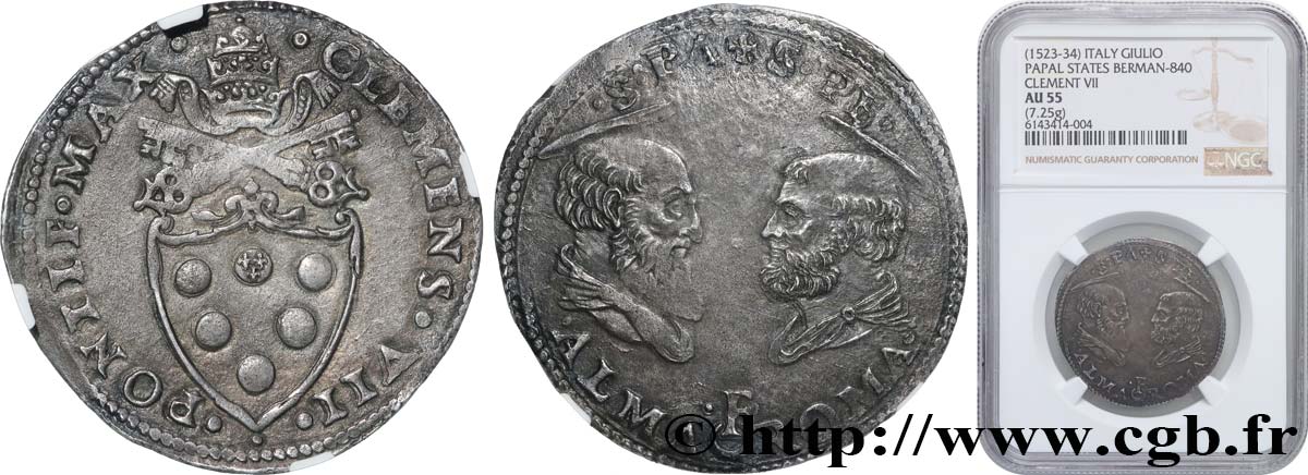 ITALY - PAPAL STATES – CLEMENT VII (Giulio de Medicis) Doppio Giulio N.D. Rome AU55 NGC