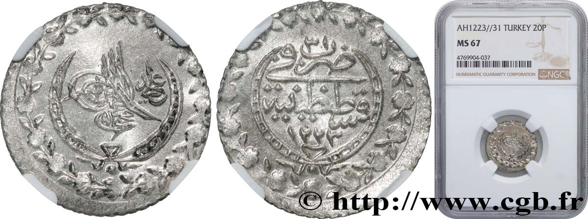 TURKEY 20 Para au nom de Mahmud II AH1223 / an 31 1837 Constantinople MS67 NGC