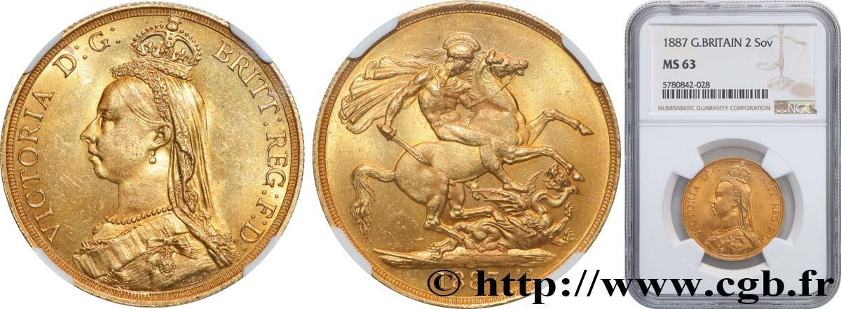 GRANDE BRETAGNE - VICTORIA 2 Pounds (2 Livres) “buste du jubilé” 1887 Londres SPL63 NGC