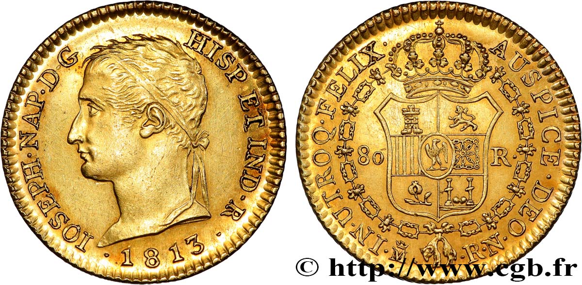 ESPAGNE - ROYAUME D ESPAGNE - JOSEPH NAPOLÉON 80 reales  1813 Madrid SUP 