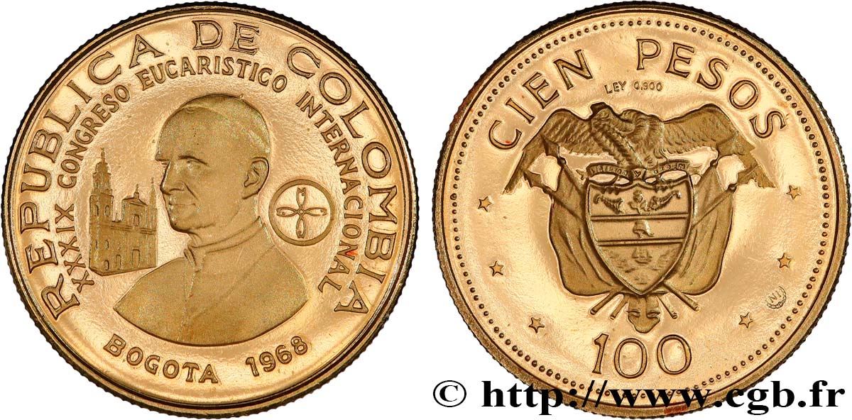 KOLUMBIEN 100 Pesos or Congrès Eucharistique International 1968 Bogota fST 