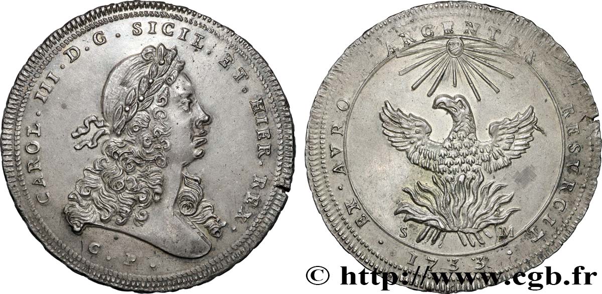 ITALY - KINGDOM OF SICILY - CHARLES III OF SPAIN 1 Once de 30 Tari 1733 Palerme AU 