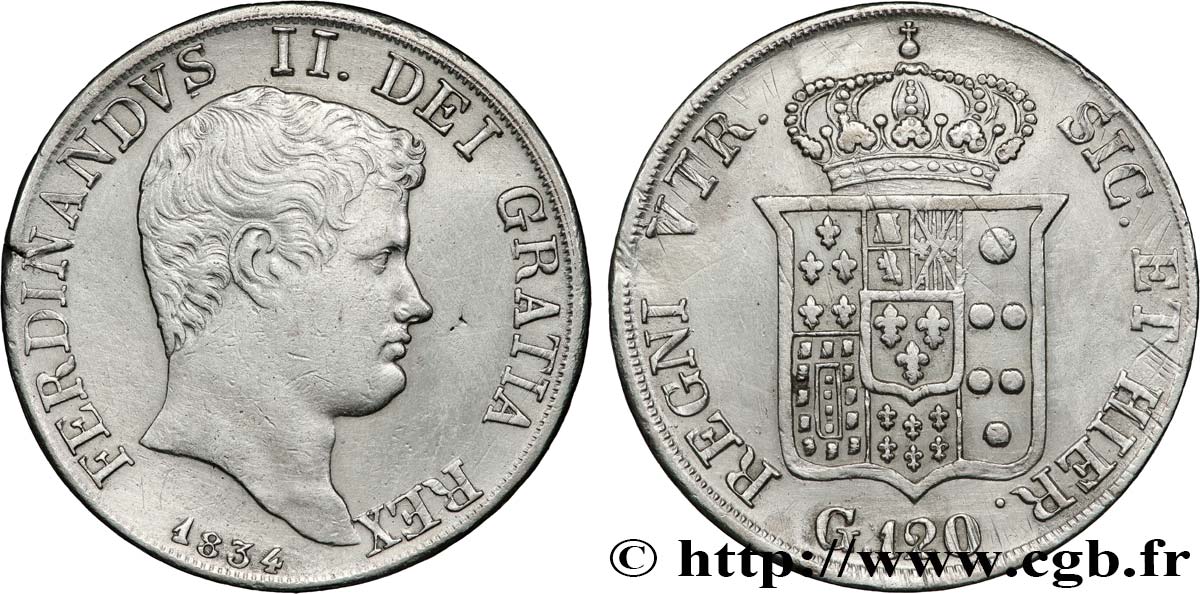 ITALY - KINGDOM OF THE TWO SICILIES 120 Grana Ferdinand II 1834 Naples XF/AU 