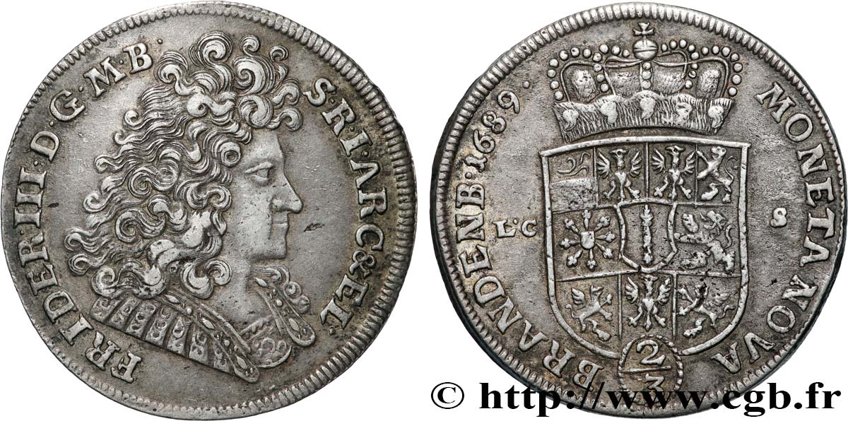ALLEMAGNE - BRANDEBOURG-PRUSSE 2/3 thaler ou gulden Frédéric III 1689 Berlin TTB+ 