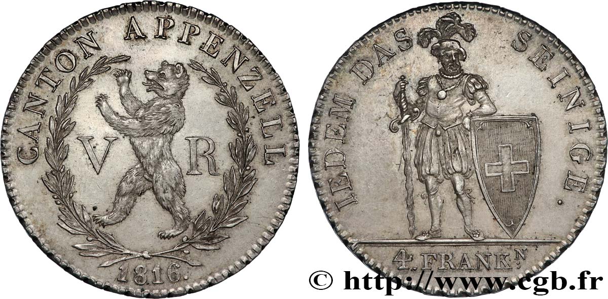 SUISSE - CANTON D APPENZELL 4 Franken 1816  q.SPL 