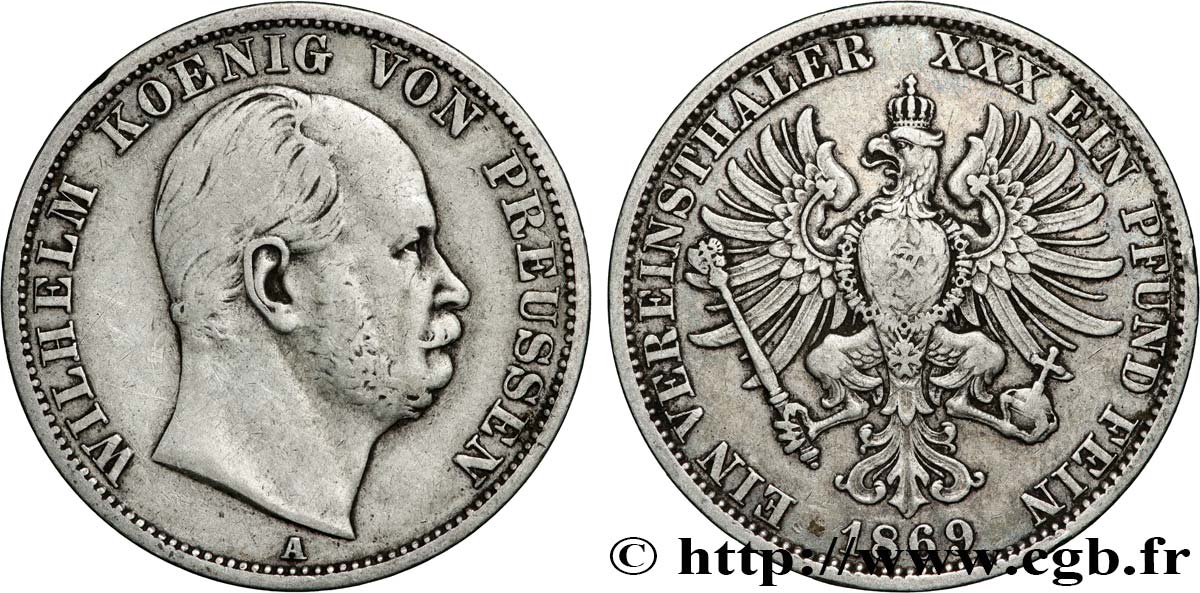 ALEMANIA - PRUSIA 1 Thaler Guillaume 1869 Berlin BC+ 