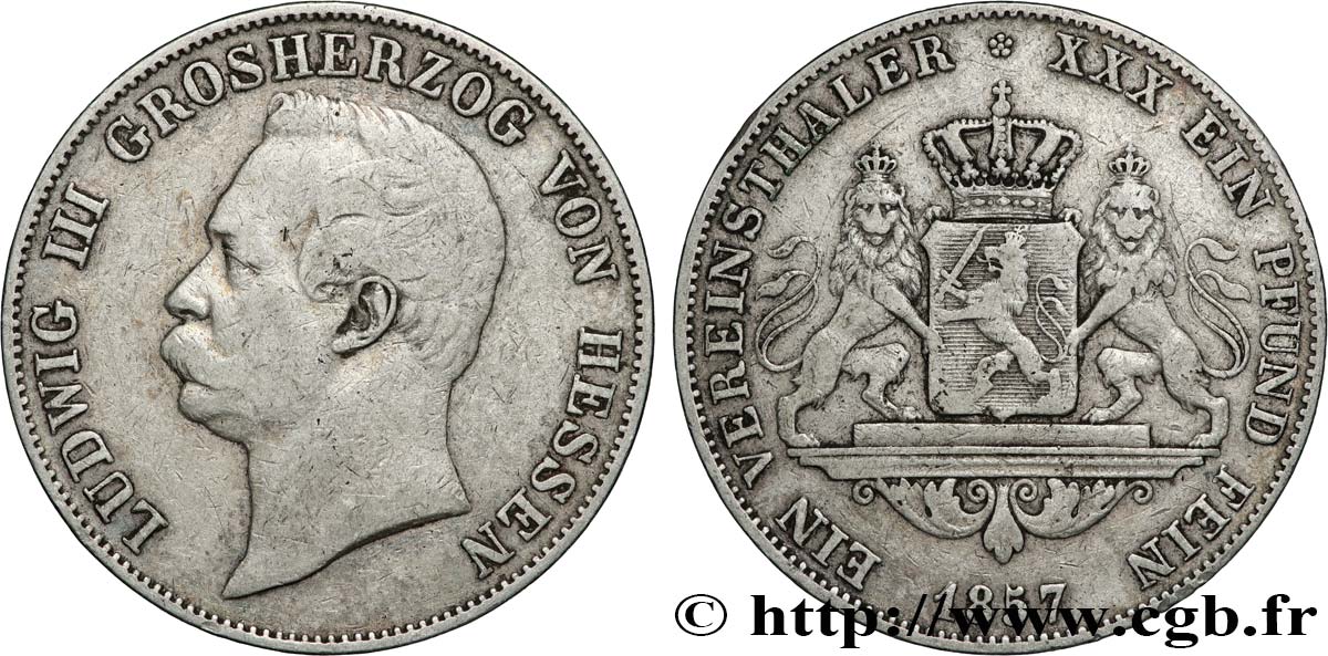 GERMANY - HESSE-DARMSTADT- LOUIS III 1 Thaler 1857 fSS