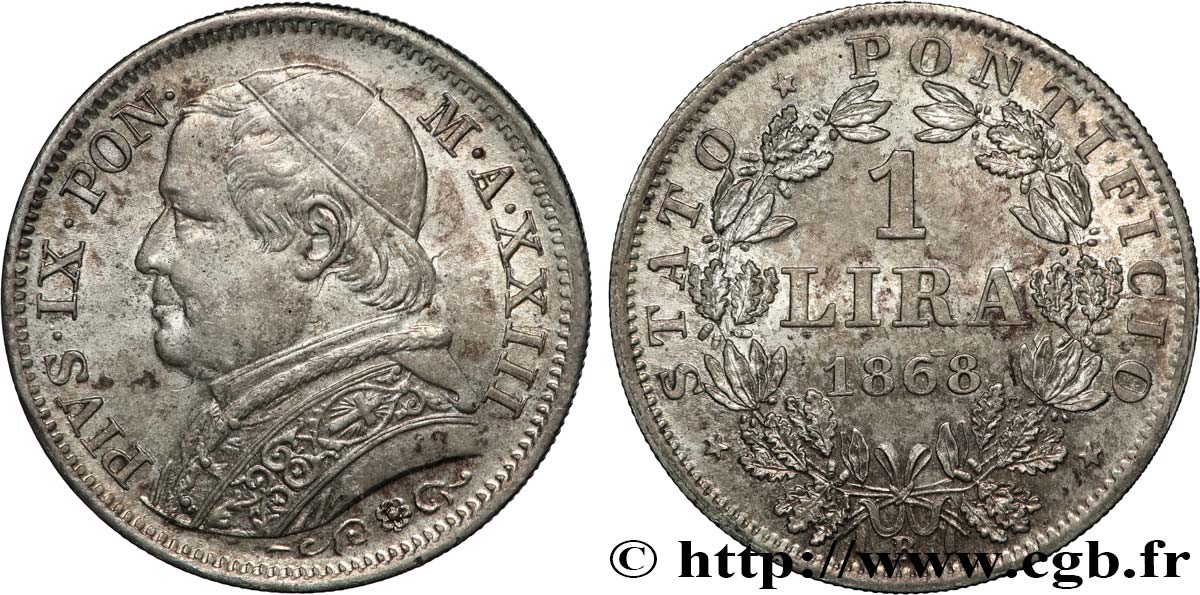VATICAN - PIUS IX (Giovanni Maria Mastai Ferretti) 1 Lira an XXIII 1868 Rome XF/AU 