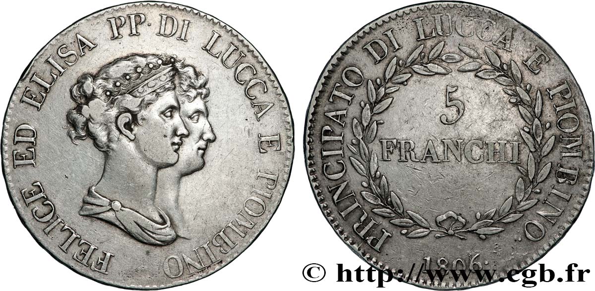 ITALY - PRINCIPALTY OF LUCCA AND PIOMBINO - FELIX BACCIOCHI AND ELISA BONAPARTE 5 Franchi, bustes moyens 1806 Florence XF 