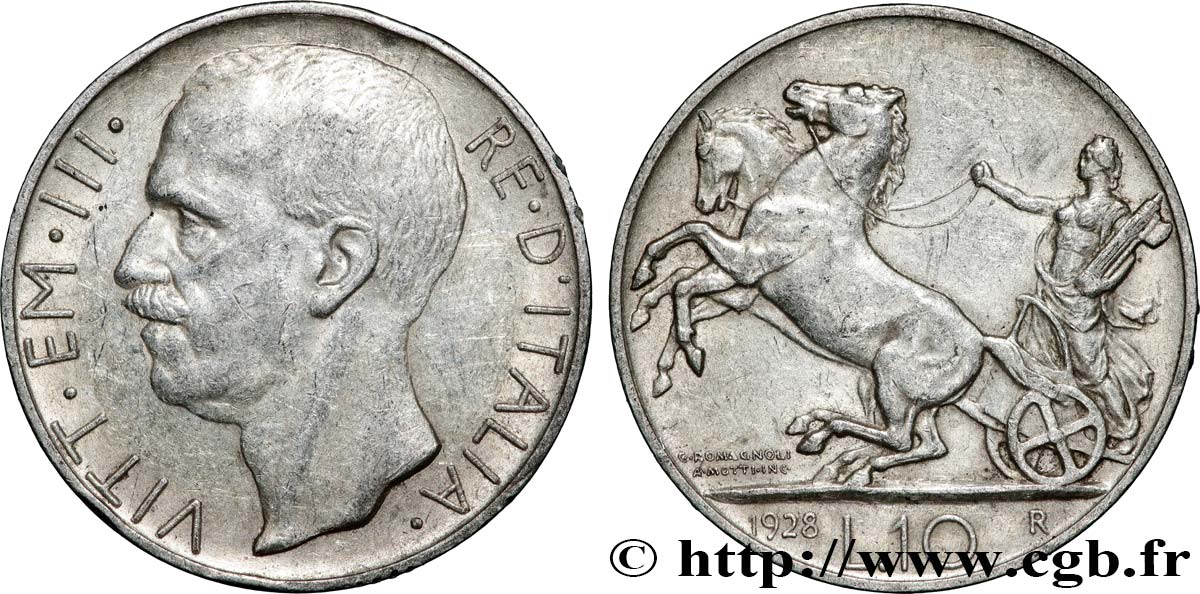 ITALY - KINGDOM OF ITALY - VICTOR-EMMANUEL III 10 Lire - type tranche *FERT* 1928 Rome XF 