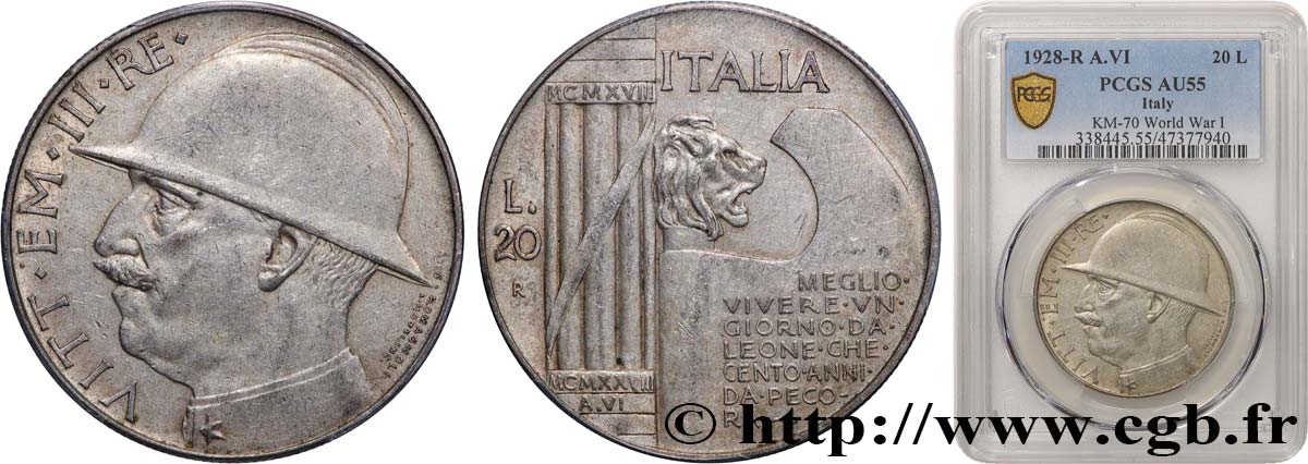 ITALIEN - ITALIEN KÖNIGREICH - VIKTOR EMANUEL III. 20 Lire, 10e anniversaire de la fin de la Première Guerre mondiale 1928 Rome VZ55 PCGS