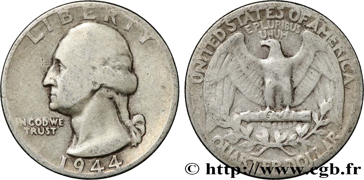 ÉTATS-UNIS D AMÉRIQUE 1/4 Dollar Georges Washington 1944 Philadelphie TB