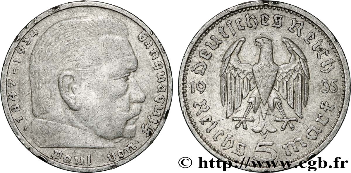 GERMANY 5 Reichsmark Maréchal Paul von Hindenburg 1935 Berlin XF