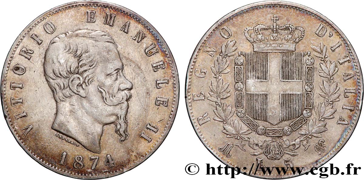 ITALIE 5 Lire Victor Emmanuel II 1874 Milan TB+