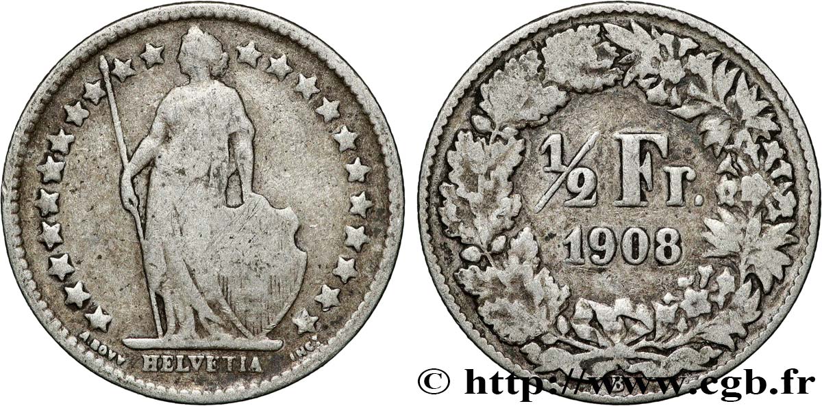 SUISSE 1/2 Franc Helvetia 1908 Berne TB