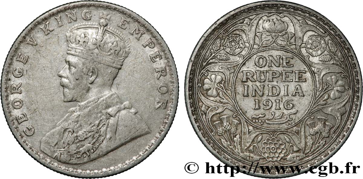 BRITISH INDIA 1 Rupee (Roupie) Georges V 1916 Calcutta VF