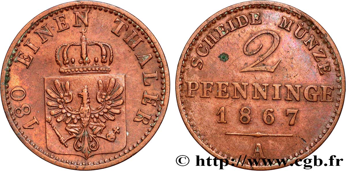 GERMANY - PRUSSIA 2 Pfenninge 1867 Berlin XF