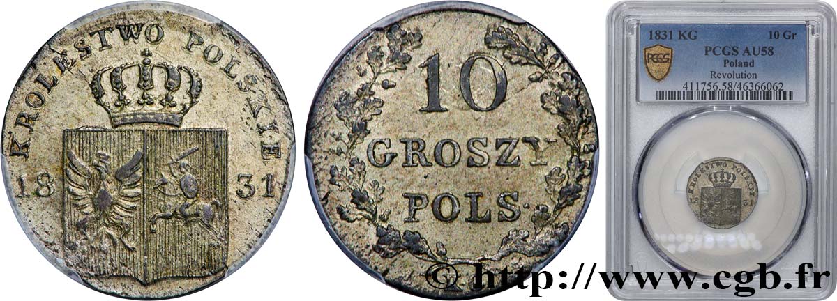 POLEN 10 Groszy monnayage révolutionnaire 1831 Varsovie VZ58 PCGS