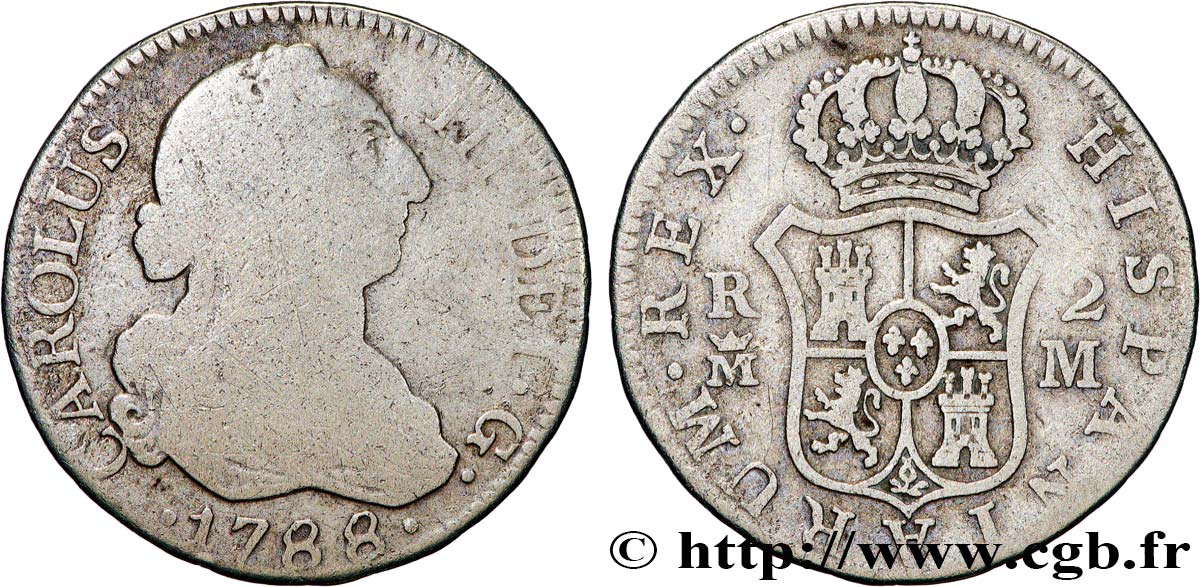 SPAIN - KINGDOM OF SPAIN - CHARLES III 2 Reales 1788 Madrid VF