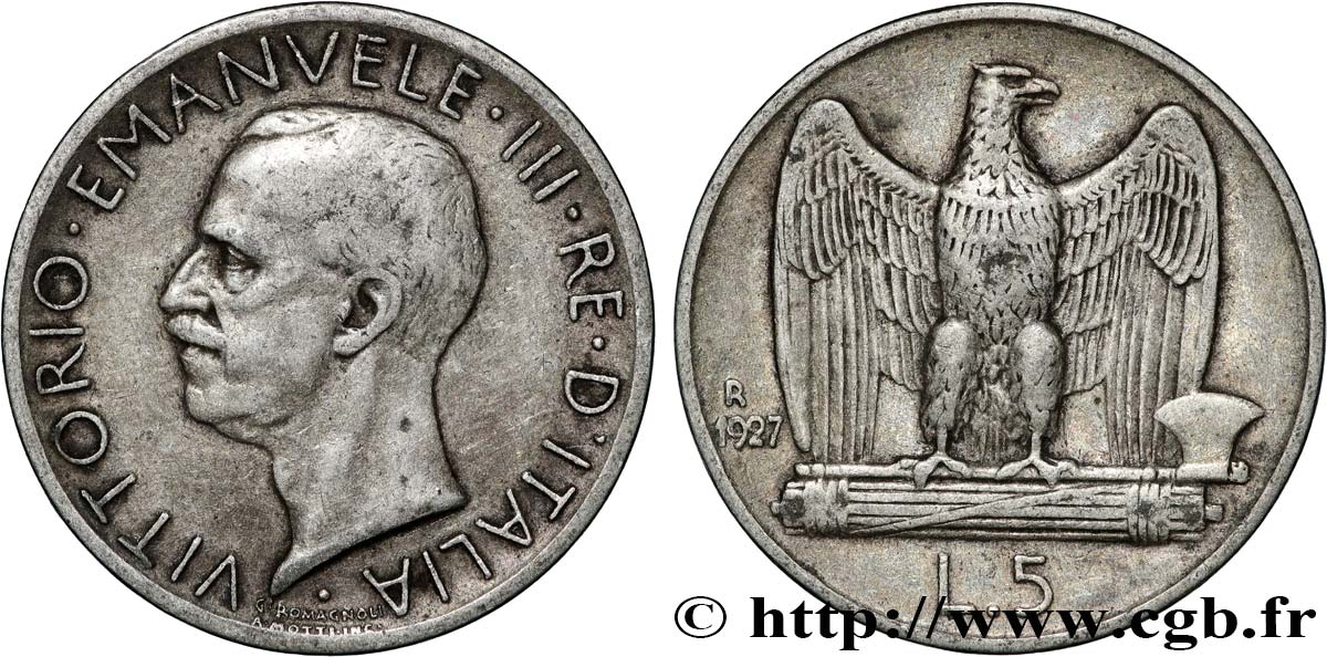 ITALIA 5 Lire Victor Emmanuel III 1927 Rome MBC